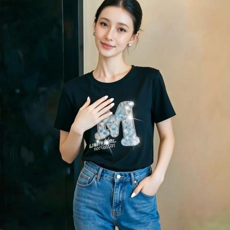 BY12388# 夏季新款洋气时尚字母烫钻立体圆领短袖T恤上衣女 服裝批發女裝批發服飾貨源