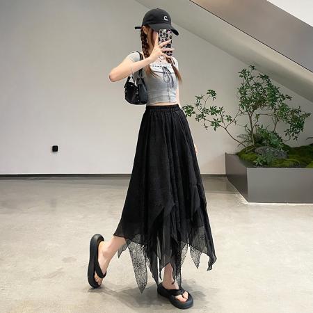 BY12391# 春夏新款不规则蕾丝拼接半身裙小个子松紧腰伞裙 服裝批發女裝批發服飾貨源
