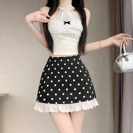 BY12393# 蕾丝木耳边碎花波点半身裙女春夏新款甜美减龄a字短裙 服裝批發女裝批發服飾貨源