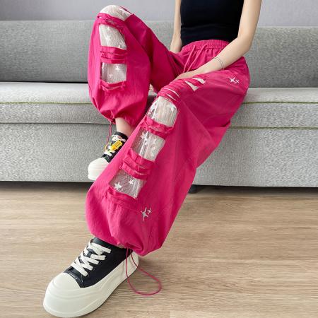 BY12407# 春夏全棉洗水美式拼接镂空蕾丝个性破洞时尚显瘦休闲裤弯刀裤 服裝批發女裝批發服飾貨源