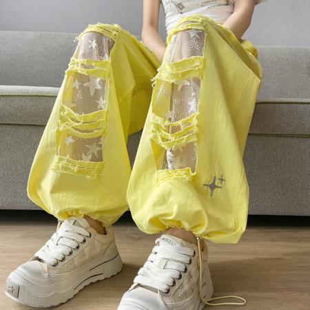 BY12407# 春夏全棉洗水美式拼接镂空蕾丝个性破洞时尚显瘦休闲裤弯刀裤 服裝批發女裝批發服飾貨源