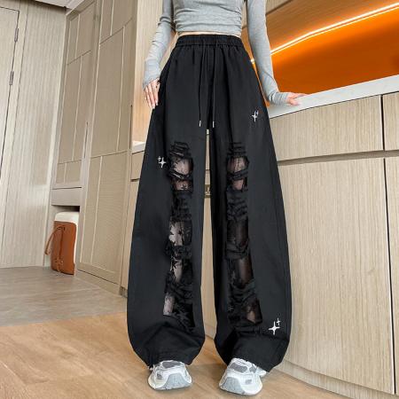 BY12407# 春夏全棉洗水美式拼接镂空蕾丝个性破洞时尚显瘦休闲裤弯刀裤 服裝批發女裝批發服飾貨源