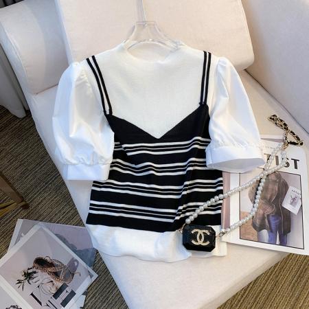 BY12409# 夏季新款ins设计感短袖T恤小众冰丝针织拼接上衣女 服裝批發女裝批發服飾貨源