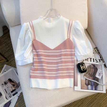 BY12409# 夏季新款ins设计感短袖T恤小众冰丝针织拼接上衣女 服裝批發女裝批發服飾貨源