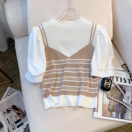 BY12409# 夏季新款ins设计感短袖T恤小众冰丝针织拼接上衣女 服裝批發女裝批發服飾貨源