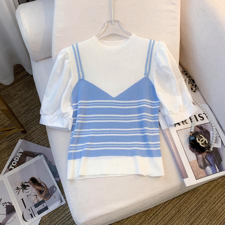 BY12409# 夏季新款ins设计感短袖T恤小众冰丝针织拼接上衣女 服裝批發女裝批發服飾貨源