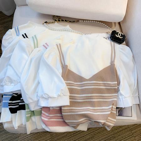 BY12409# 夏季新款ins设计感短袖T恤小众冰丝针织拼接上衣女 服裝批發女裝批發服飾貨源