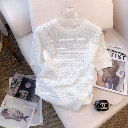 BY12410# 夏季新款设计感圆领短袖修身T恤薄款冰丝针织衫女 服裝批發女裝批發服飾貨源