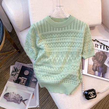 BY12410# 夏季新款设计感圆领短袖修身T恤薄款冰丝针织衫女 服裝批發女裝批發服飾貨源