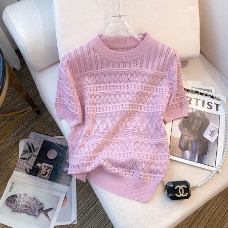 BY12410# 夏季新款设计感圆领短袖修身T恤薄款冰丝针织衫女 服裝批發女裝批發服飾貨源