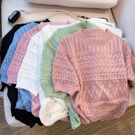 BY12410# 夏季新款设计感圆领短袖修身T恤薄款冰丝针织衫女 服裝批發女裝批發服飾貨源