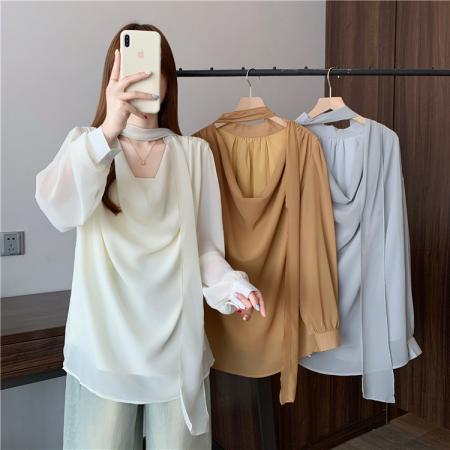 BY12411# 温柔通勤风V领系带衬衫女长袖宽松飘带高级气质职场衬衣 服裝批發女裝批發服飾貨源