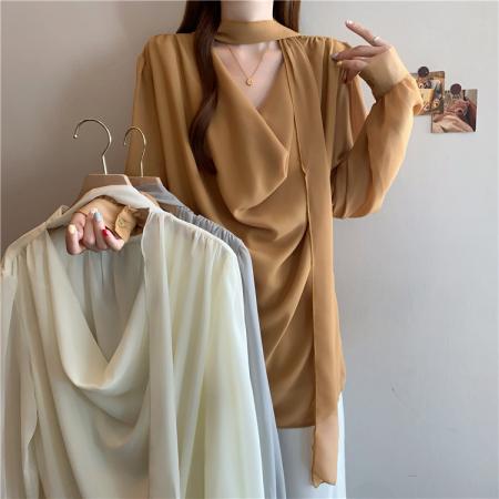 BY12411# 温柔通勤风V领系带衬衫女长袖宽松飘带高级气质职场衬衣 服裝批發女裝批發服飾貨源