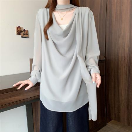 BY12411# 温柔通勤风V领系带衬衫女长袖宽松飘带高级气质职场衬衣 服裝批發女裝批發服飾貨源