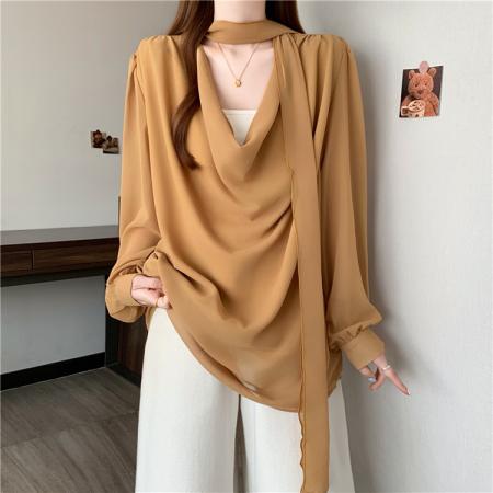 BY12411# 温柔通勤风V领系带衬衫女长袖宽松飘带高级气质职场衬衣 服裝批發女裝批發服飾貨源