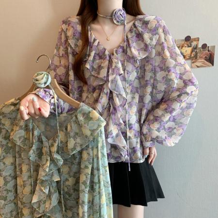 BY12412# 春装法式田园风荷叶边花朵衬衫女V领长袖雪纺衫 服裝批發女裝批發服飾貨源