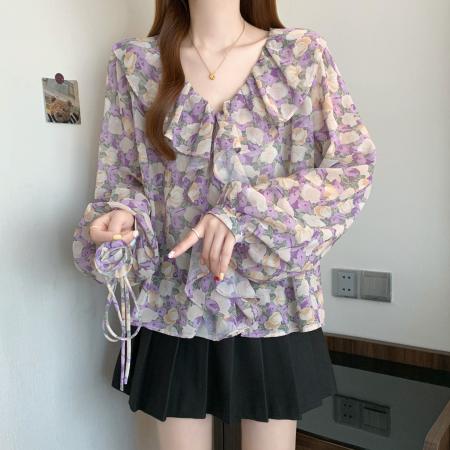 BY12412# 春装法式田园风荷叶边花朵衬衫女V领长袖雪纺衫 服裝批發女裝批發服飾貨源