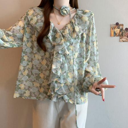 BY12412# 春装法式田园风荷叶边花朵衬衫女V领长袖雪纺衫 服裝批發女裝批發服飾貨源
