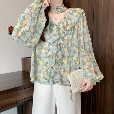 BY12412# 春装法式田园风荷叶边花朵衬衫女V领长袖雪纺衫 服裝批發女裝批發服飾貨源