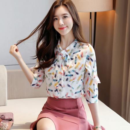 BY12413# 洋气雪纺衫衬衫女七分袖夏装新款花色短袖打底衫小衫韩版上衣 服裝批發女裝批發服飾貨源