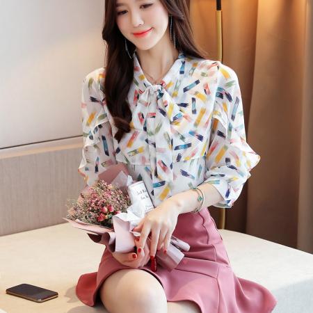 BY12413# 洋气雪纺衫衬衫女七分袖夏装新款花色短袖打底衫小衫韩版上衣 服裝批發女裝批發服飾貨源