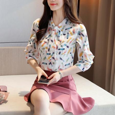 BY12413# 洋气雪纺衫衬衫女七分袖夏装新款花色短袖打底衫小衫韩版上衣 服裝批發女裝批發服飾貨源