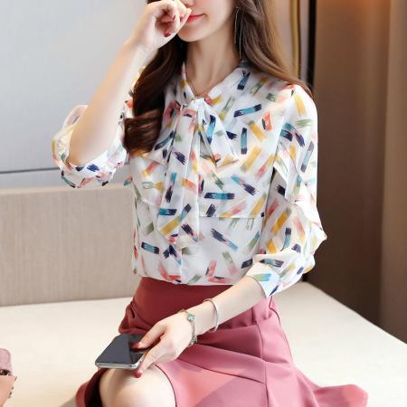 BY12413# 洋气雪纺衫衬衫女七分袖夏装新款花色短袖打底衫小衫韩版上衣 服裝批發女裝批發服飾貨源