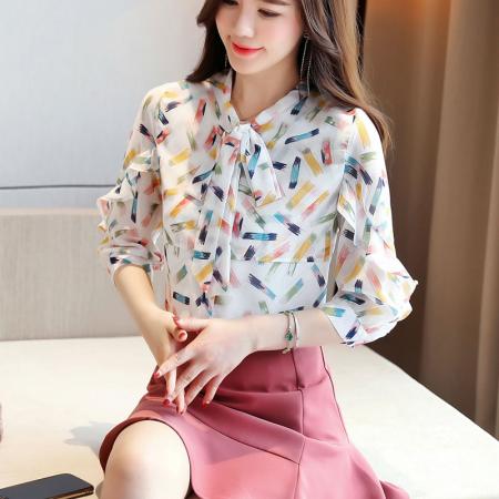 BY12413# 洋气雪纺衫衬衫女七分袖夏装新款花色短袖打底衫小衫韩版上衣 服裝批發女裝批發服飾貨源