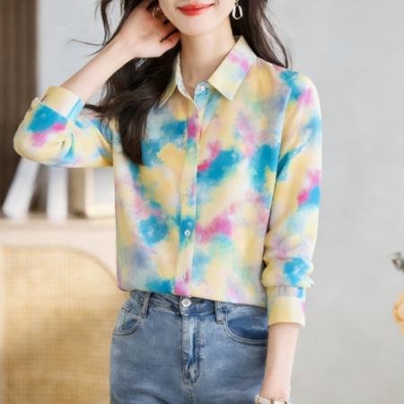 BY12414# 洋气秋季新款女装翻领彩色涂鸦雪纺衫上衣开衫衬衫打底衫衬衣 服裝批發女裝批發服飾貨源