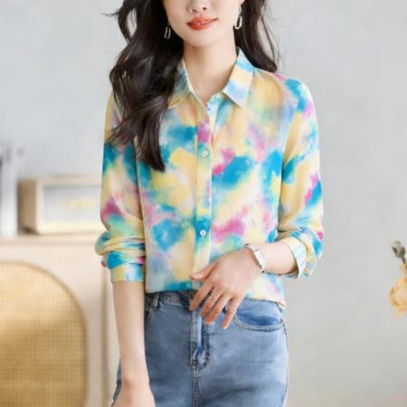 BY12414# 洋气秋季新款女装翻领彩色涂鸦雪纺衫上衣开衫衬衫打底衫衬衣 服裝批發女裝批發服飾貨源