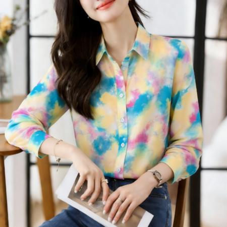 BY12414# 洋气秋季新款女装翻领彩色涂鸦雪纺衫上衣开衫衬衫打底衫衬衣 服裝批發女裝批發服飾貨源