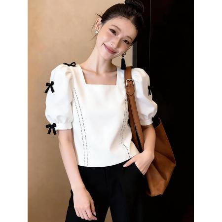 BY12415# 春夏季法式白色蝴蝶结泡泡短袖衬衫女设计感小众别致漂亮通勤上衣 服裝批發女裝批發服飾貨源