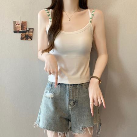 BY12417# 大码胖mm夏季新款纯欲花朵小吊带背心外穿美背带胸垫文胸一体上衣 服裝批發女裝批發服飾貨源