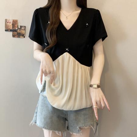 BY12418# 大码胖mm夏季新款钉珠拼接假两件宽松时尚遮肚上衣女 服裝批發女裝批發服飾貨源