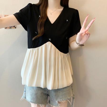 BY12418# 大码胖mm夏季新款钉珠拼接假两件宽松时尚遮肚上衣女 服裝批發女裝批發服飾貨源