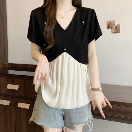 BY12418# 大码胖mm夏季新款钉珠拼接假两件宽松时尚遮肚上衣女 服裝批發女裝批發服飾貨源