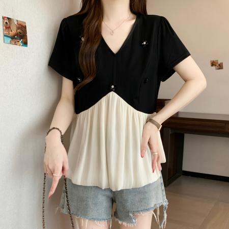 BY12418# 大码胖mm夏季新款钉珠拼接假两件宽松时尚遮肚上衣女 服裝批發女裝批發服飾貨源