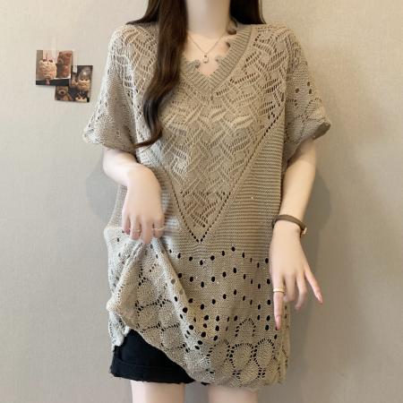 BY12419# 大码胖mm夏季新款温柔气质镂空短袖针织衫女设计感宽松显瘦上衣 服裝批發女裝批發服飾貨源