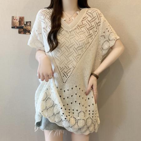 BY12419# 大码胖mm夏季新款温柔气质镂空短袖针织衫女设计感宽松显瘦上衣 服裝批發女裝批發服飾貨源