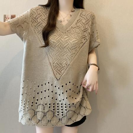 BY12419# 大码胖mm夏季新款温柔气质镂空短袖针织衫女设计感宽松显瘦上衣 服裝批發女裝批發服飾貨源