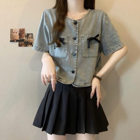 BY12420# 大码胖mm夏季新款蝴蝶结短款牛仔外套设计感宽松时尚上衣女 服裝批發女裝批發服飾貨源