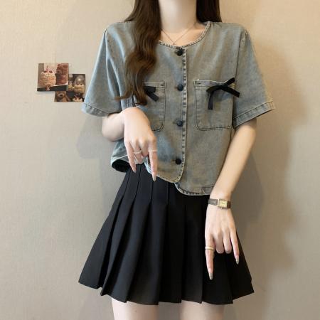 BY12420# 大码胖mm夏季新款蝴蝶结短款牛仔外套设计感宽松时尚上衣女 服裝批發女裝批發服飾貨源