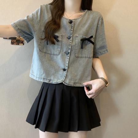 BY12420# 大码胖mm夏季新款蝴蝶结短款牛仔外套设计感宽松时尚上衣女 服裝批發女裝批發服飾貨源