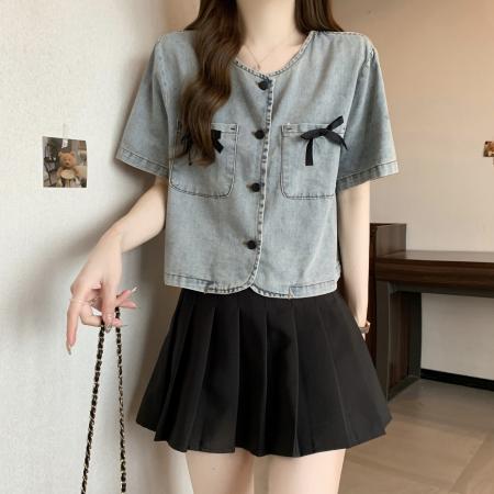 BY12420# 大码胖mm夏季新款蝴蝶结短款牛仔外套设计感宽松时尚上衣女 服裝批發女裝批發服飾貨源