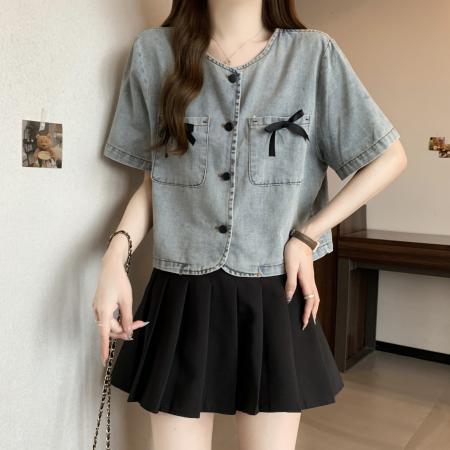 BY12420# 大码胖mm夏季新款蝴蝶结短款牛仔外套设计感宽松时尚上衣女 服裝批發女裝批發服飾貨源