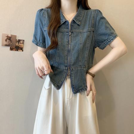 BY12421# 大码胖mm夏季新款辣妹牛仔上衣女双拉链翻领短袖 服裝批發女裝批發服飾貨源