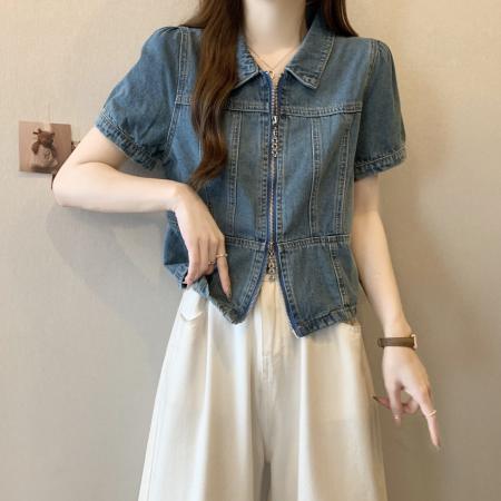 BY12421# 大码胖mm夏季新款辣妹牛仔上衣女双拉链翻领短袖 服裝批發女裝批發服飾貨源