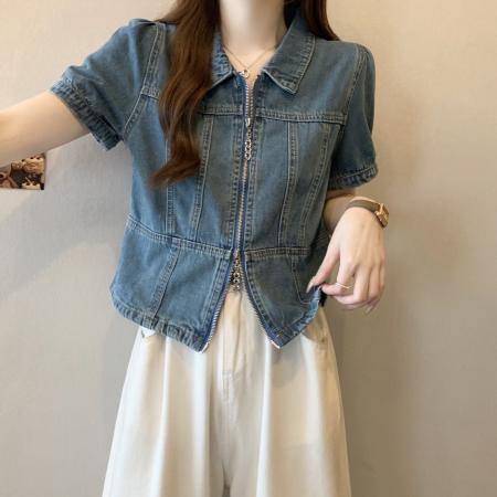 BY12421# 大码胖mm夏季新款辣妹牛仔上衣女双拉链翻领短袖 服裝批發女裝批發服飾貨源
