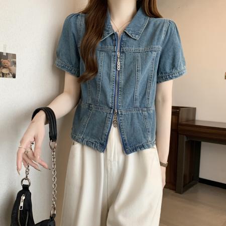 BY12421# 大码胖mm夏季新款辣妹牛仔上衣女双拉链翻领短袖 服裝批發女裝批發服飾貨源