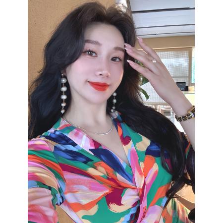 BY12423# 冰绿粉彩复古印花系带裹身裙春夏显瘦高级感气质连衣裙女 服裝批發女裝批發服飾貨源